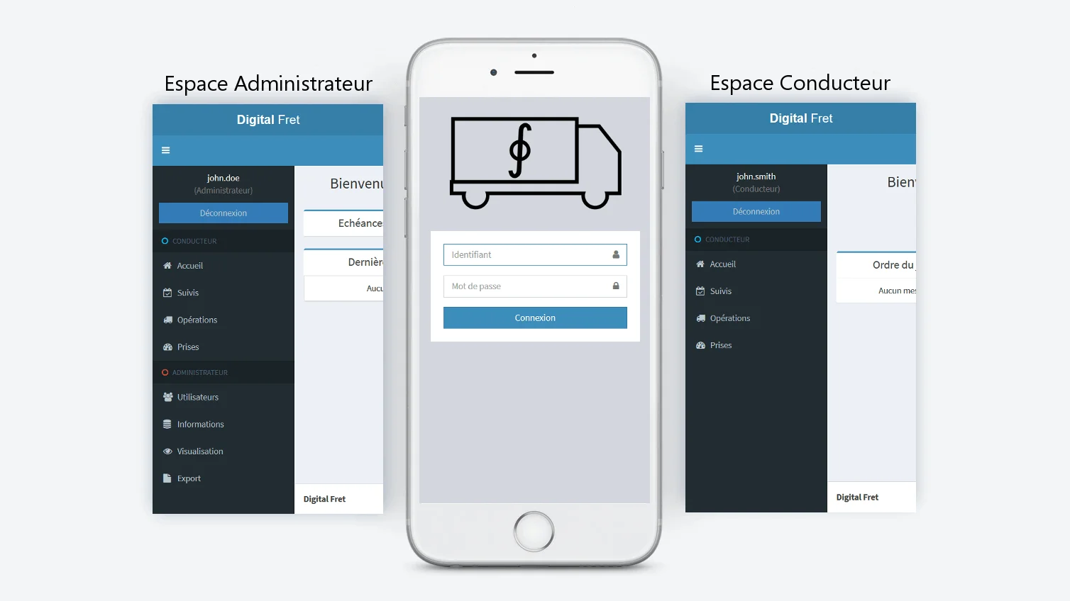 Espace administrateur, écran de connexion et espace conducteur de Digital Fret