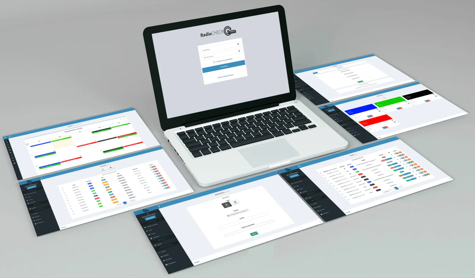 Écran de connexion et principales pages de RadioCheck : agenda, pannes, extraction, tests